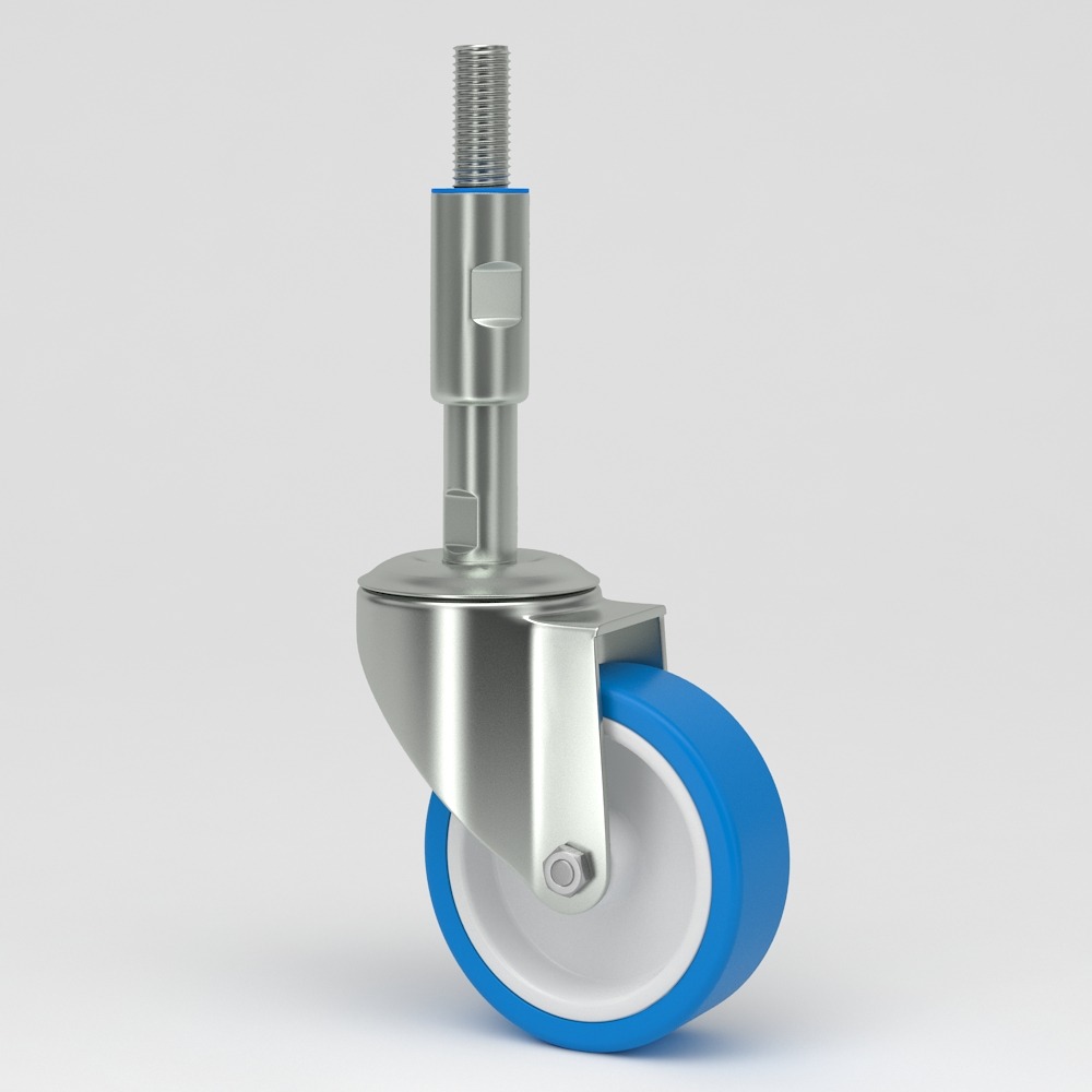 Leveling castor in hygienic design blue polyurethane tread