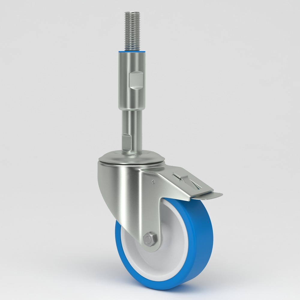 Leveling castor in hygienic design blue polyurethane tread