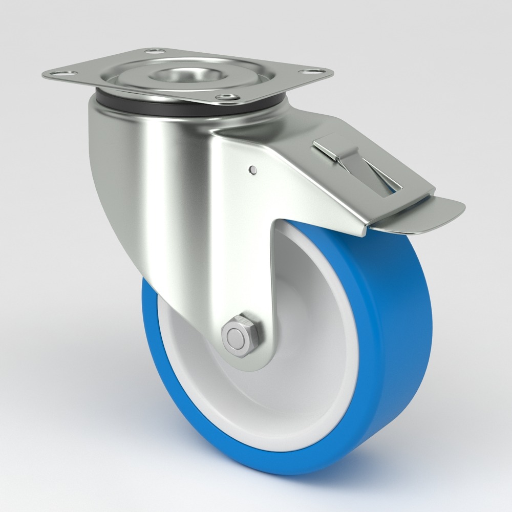Industrial castor in hygienic design blue polyurethane tread