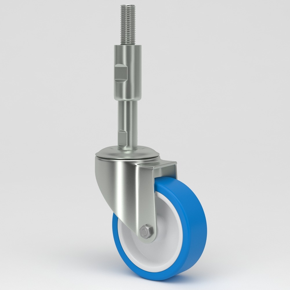 Leveling castor in hygienic design blue polyurethane tread