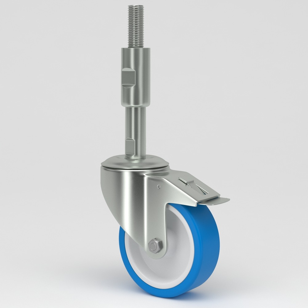 Leveling castor in hygienic design blue polyurethane tread