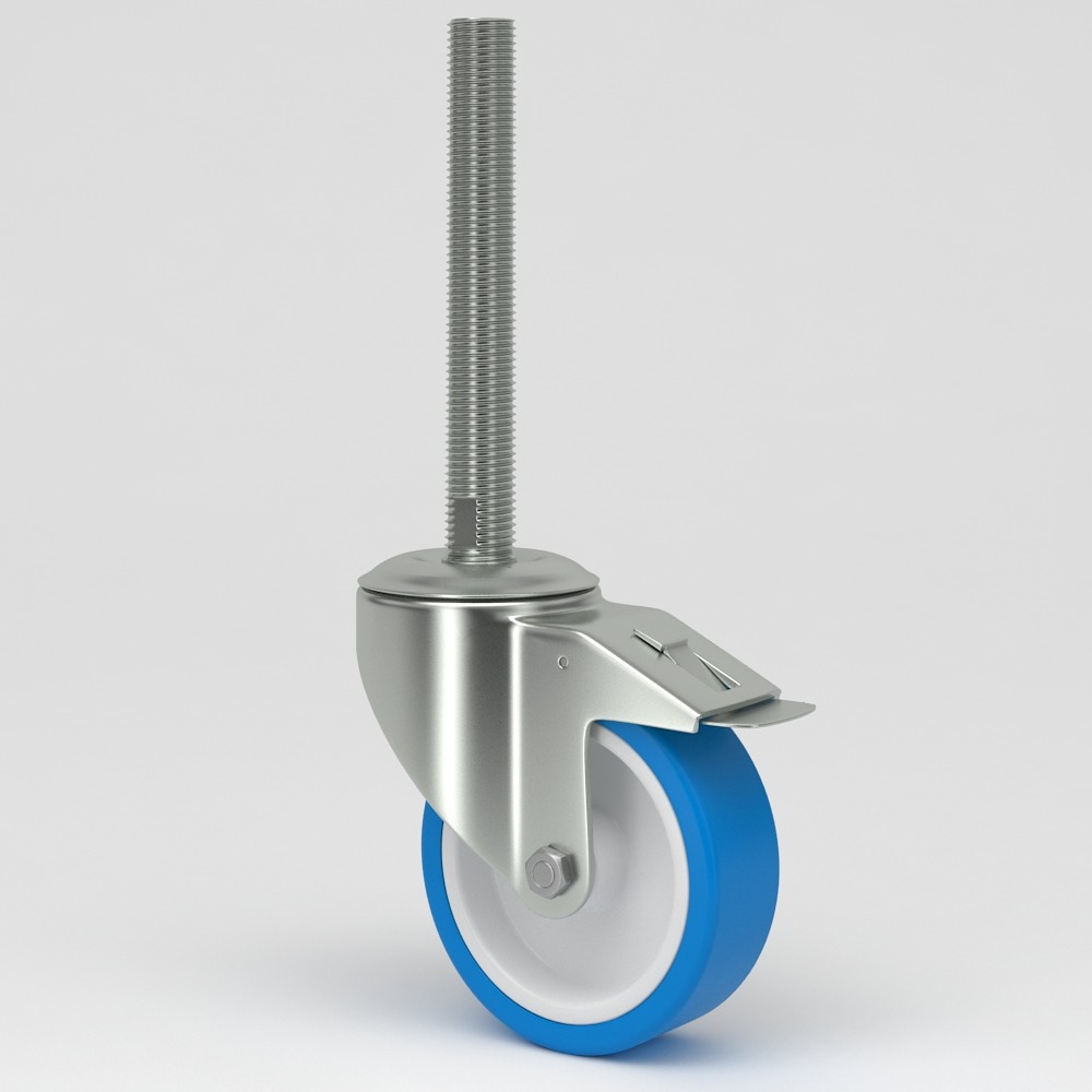 Leveling castor in hygienic design blue polyurethane tread