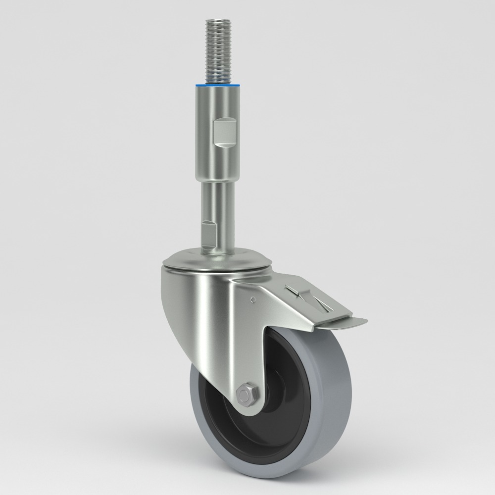 Leveling castor in hygienic design grey non-marking elastic-tire
