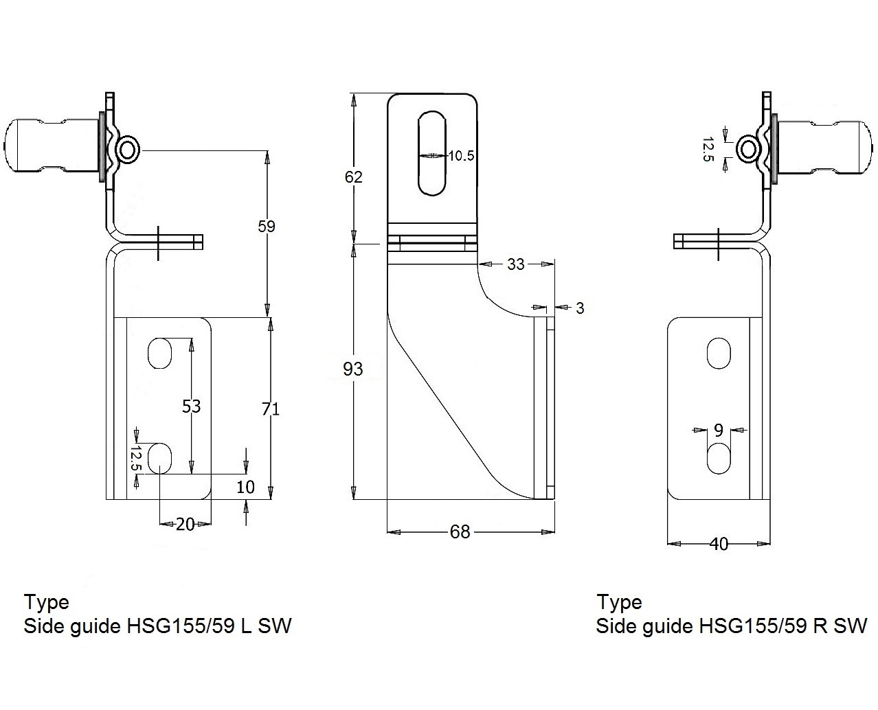Hygienic swivel side guide bracket in stainless steel