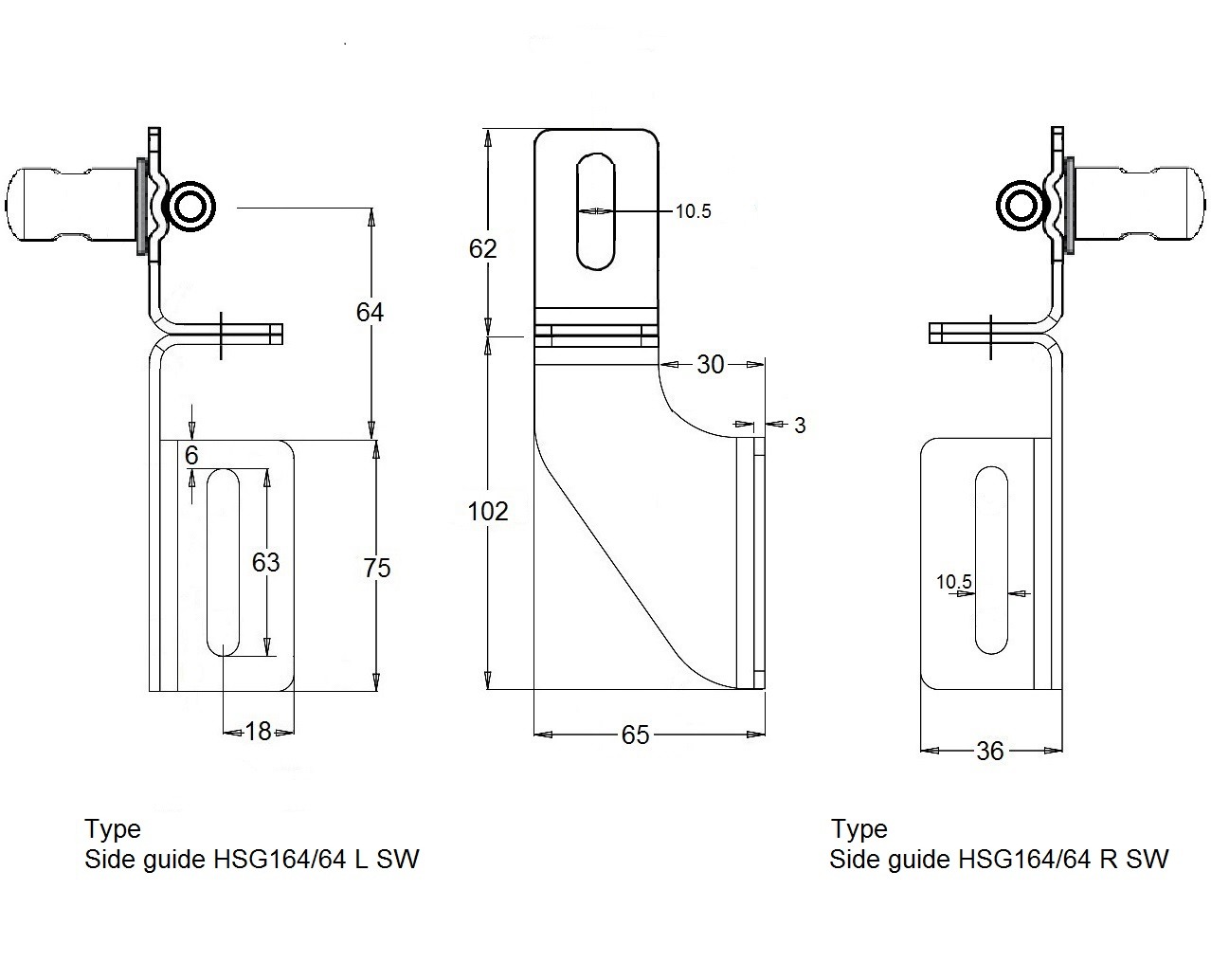 Hygienic swivel side guide bracket in stainless steel