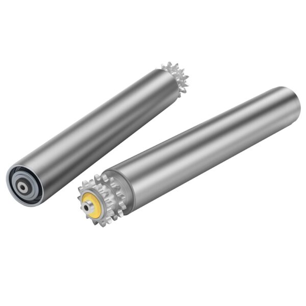 Double sprocket driven conveyor roller classified as belt convey and chain convey
