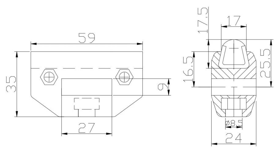 Single clamp long for conical side guide rails
