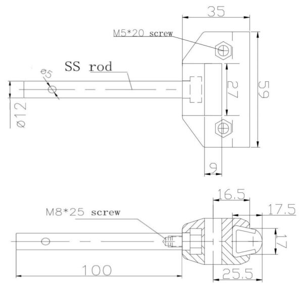 NHK 502 Single Long Clamps for Conical Side Guide Rails with rod drawing