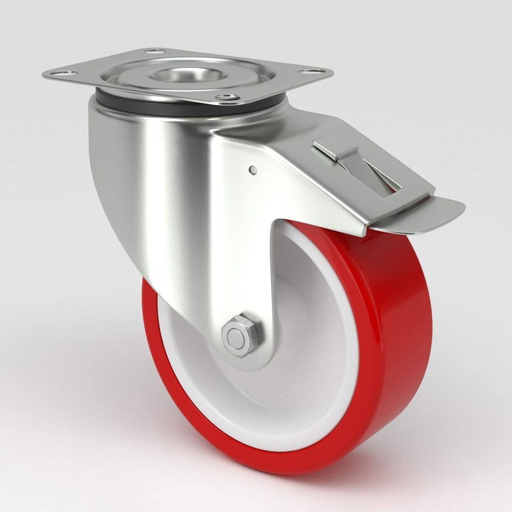 Industrial castor in hygienic design red polyurethane tread