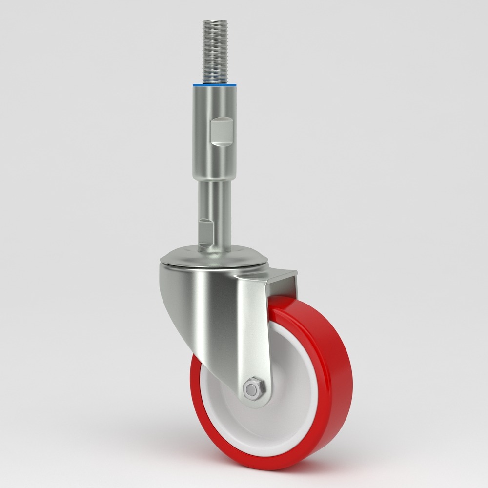 Leveling castor with stainless spindle red polyurethane tread
