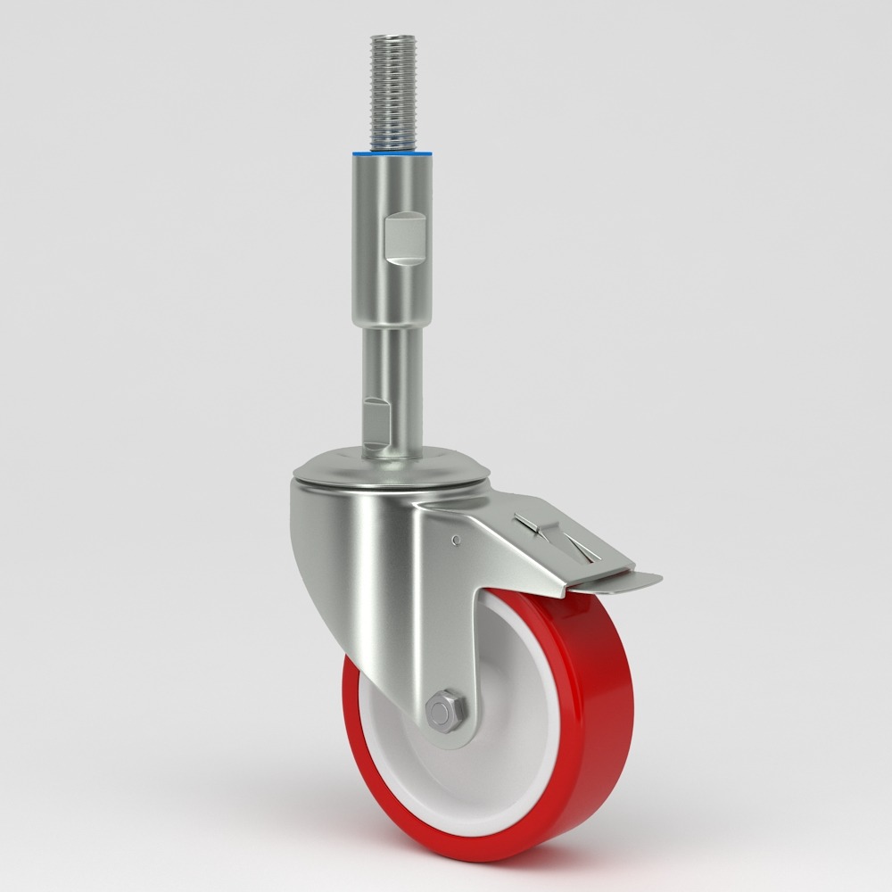 Leveling castor with stainless spindle red polyurethane tread