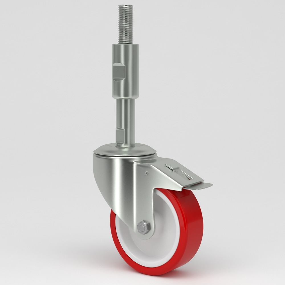 Leveling castor with stainless spindle red polyurethane tread
