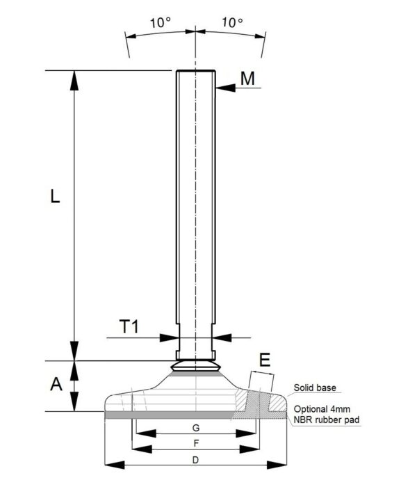 HAF x9 Hygienic adjustable feet with floor lock holes and fully threaded spindle