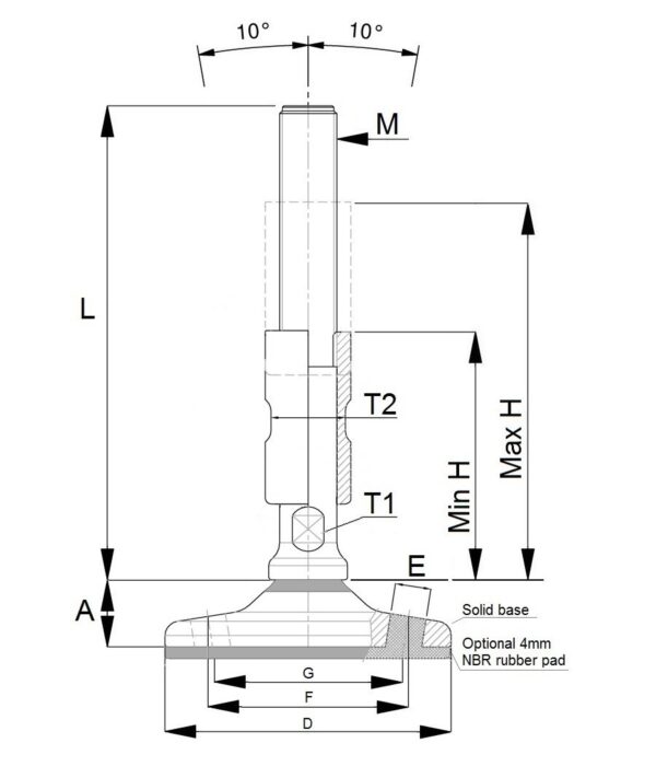 SHAF x9 Hygienic adjustable feet with floor lock holes and sealed spindle with protecting sleeve