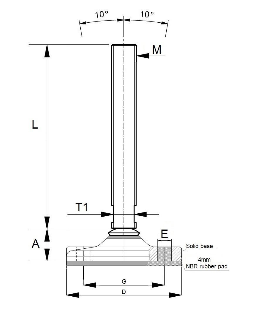 Adjustable feet with black base plate with floor fixing holes