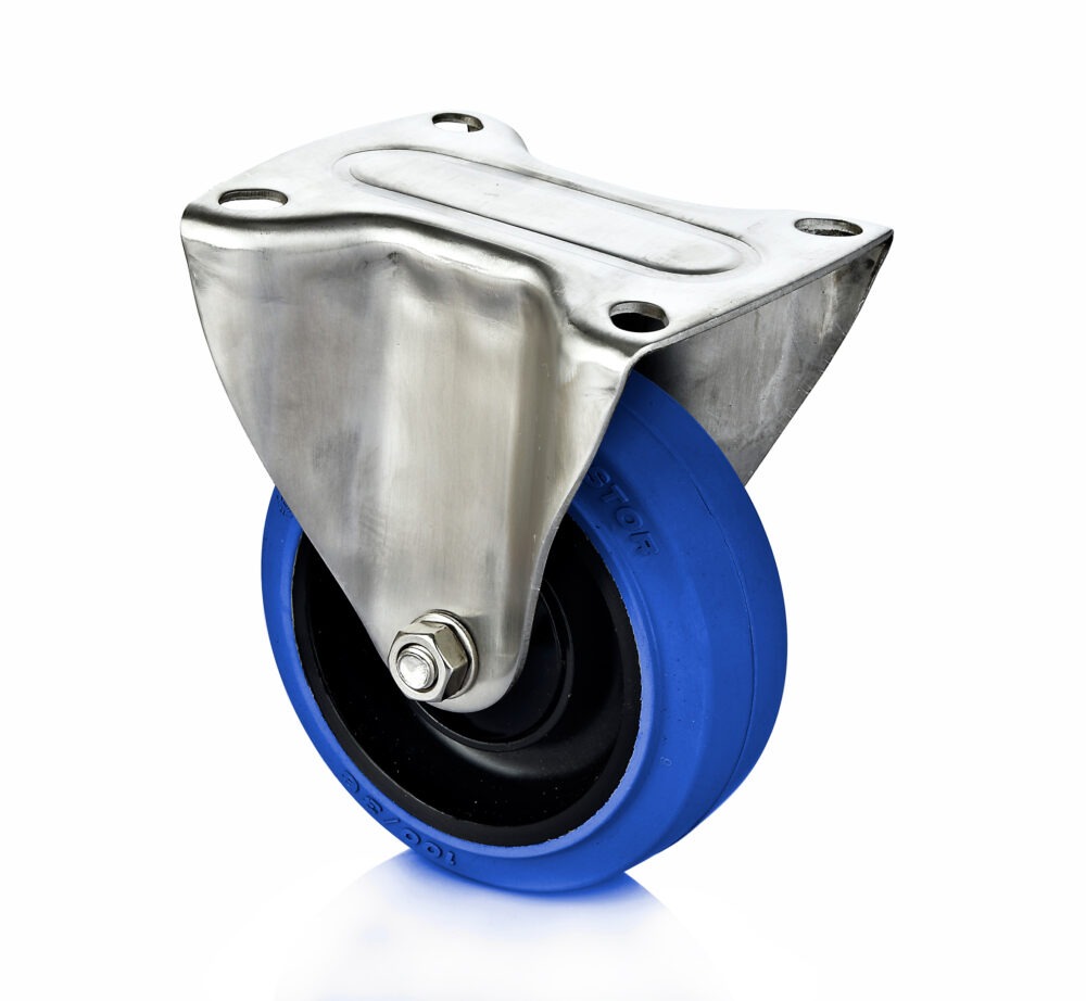 Bockrolle Rostfreie Rolle mit Rad aus Polyamid und blauem Elastikreifen und Plattenbefestigung
