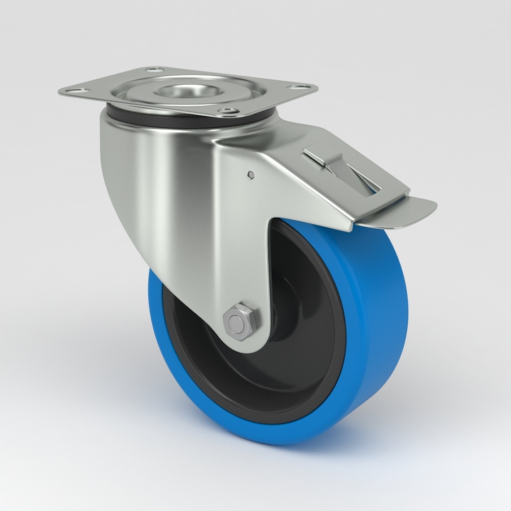 Industrial castor in hygienic design blue non-marking elastic-tire