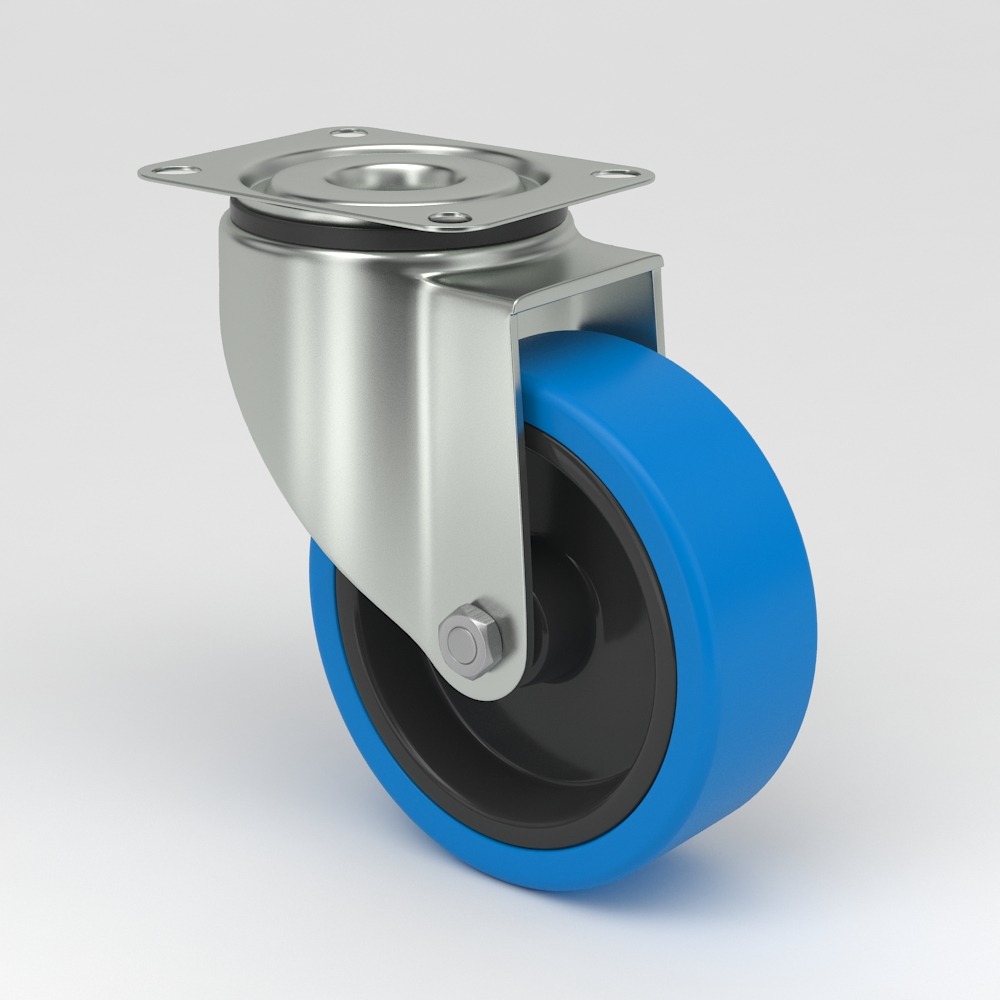 Industrial castor in hygienic design blue non-marking elastic-tire