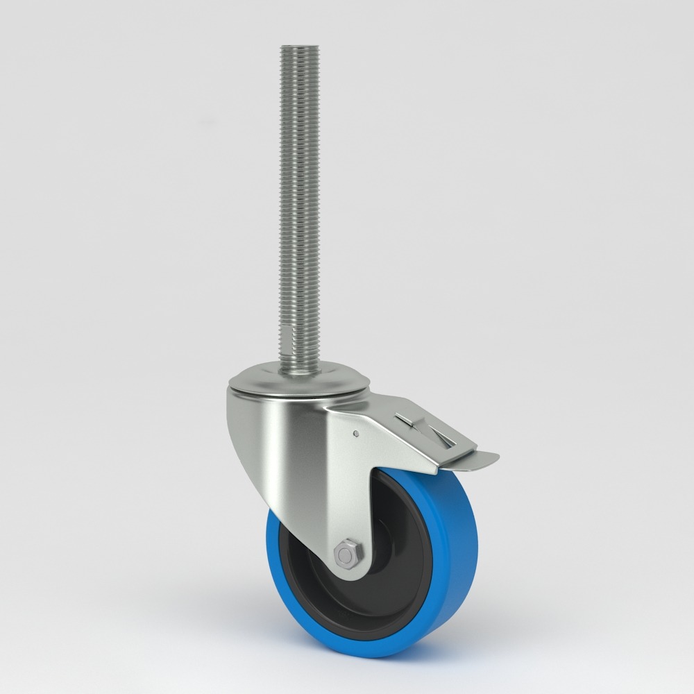 Leveling castor in hygienic design blue non-marking elastic-tire