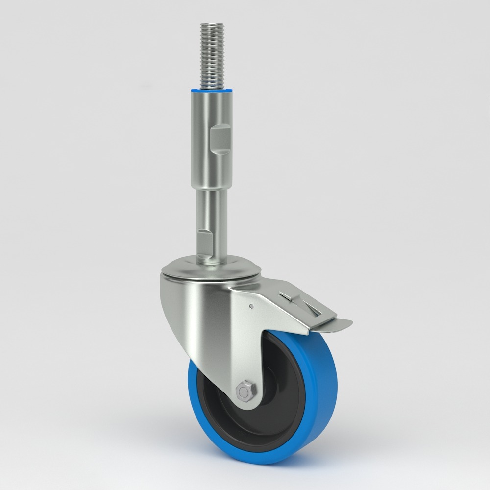 Leveling castor in hygienic design blue non-marking elastic-tire