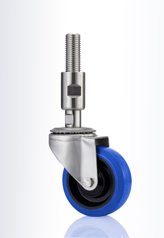 Swivel castor, fork bracket made of 3mm EN 1.4301 / AISI 304 stainless steel plate, double ball bearing swivel head, wheel axle with nut, spindle with protecting sleeve fitting.