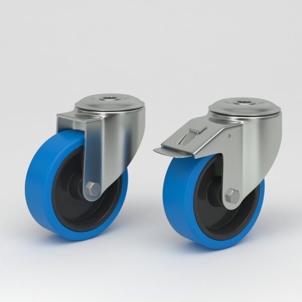 Swivel castor in hygienic design with wheel centre made of polyamide and tread made of non-marking elastic-tire and stainless steel fork bracket with single bolt hole fitting