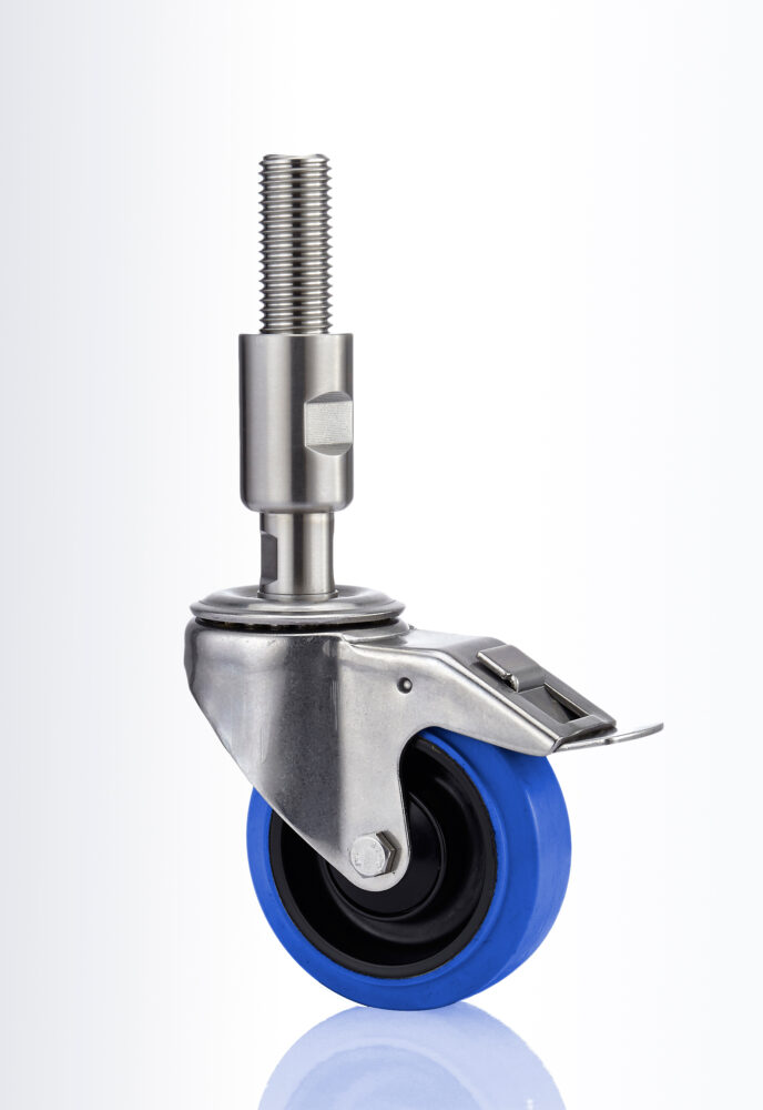 Swivel castor with total lock, fork bracket made of 3mm EN 1.4301 / AISI 304 stainless steel plate, double ball bearing swivel head, wheel axle with plain bearing, spindle with protecting sleeve fitting.