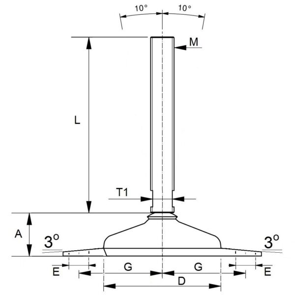 Hygienic machine feet with 2 locking plates and vulcanized black FDA rubber base and full threaded spindle