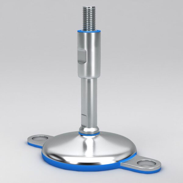 Hygienic levelling feet with 2 floor locking plates and sealed protected spindle