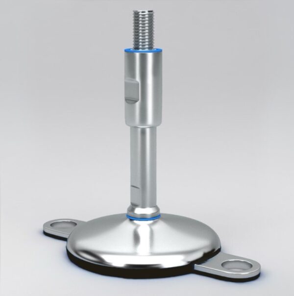 Hygienic machine feet with 2 floor locking plates and sealed protected spindle