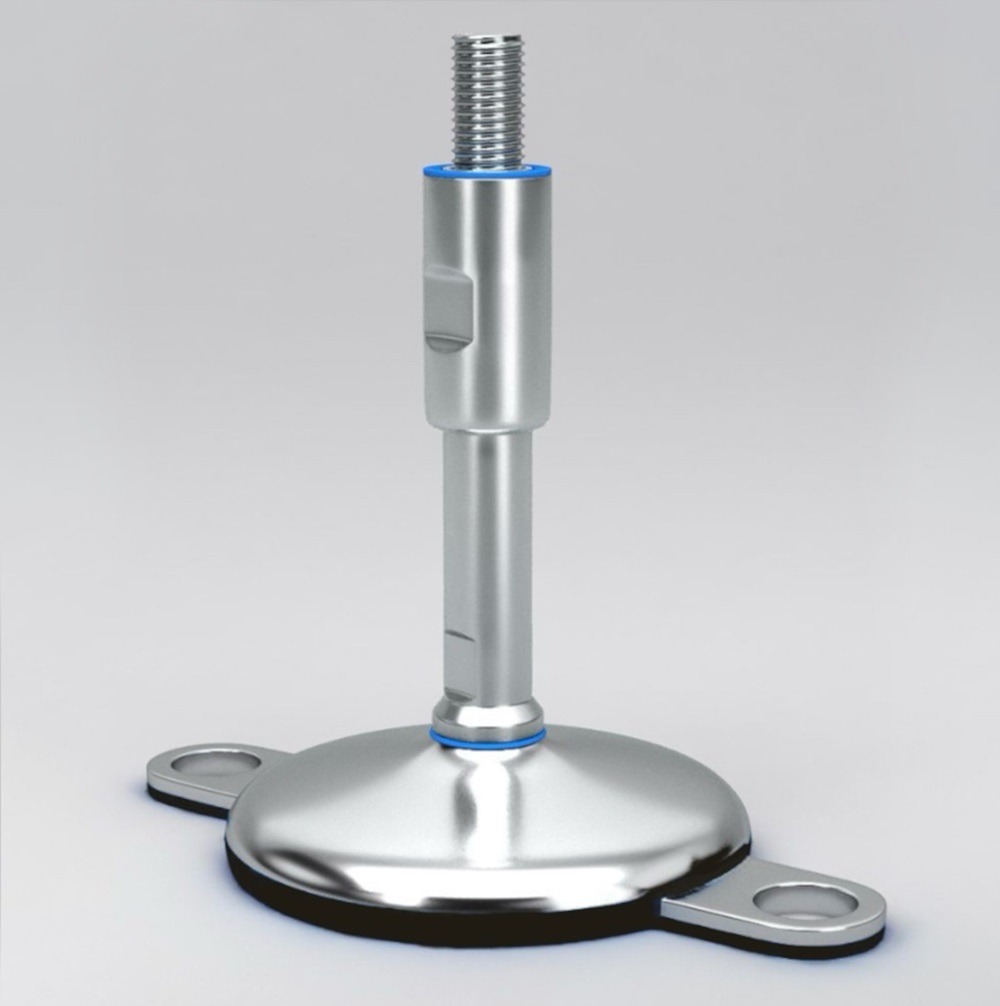 Hygienic machine feet with 2 floor locking plates and sealed protected spindle