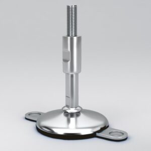 Hygienic machine feet with 2 locking plates and vulcanized black FDA rubber base and protected spindle