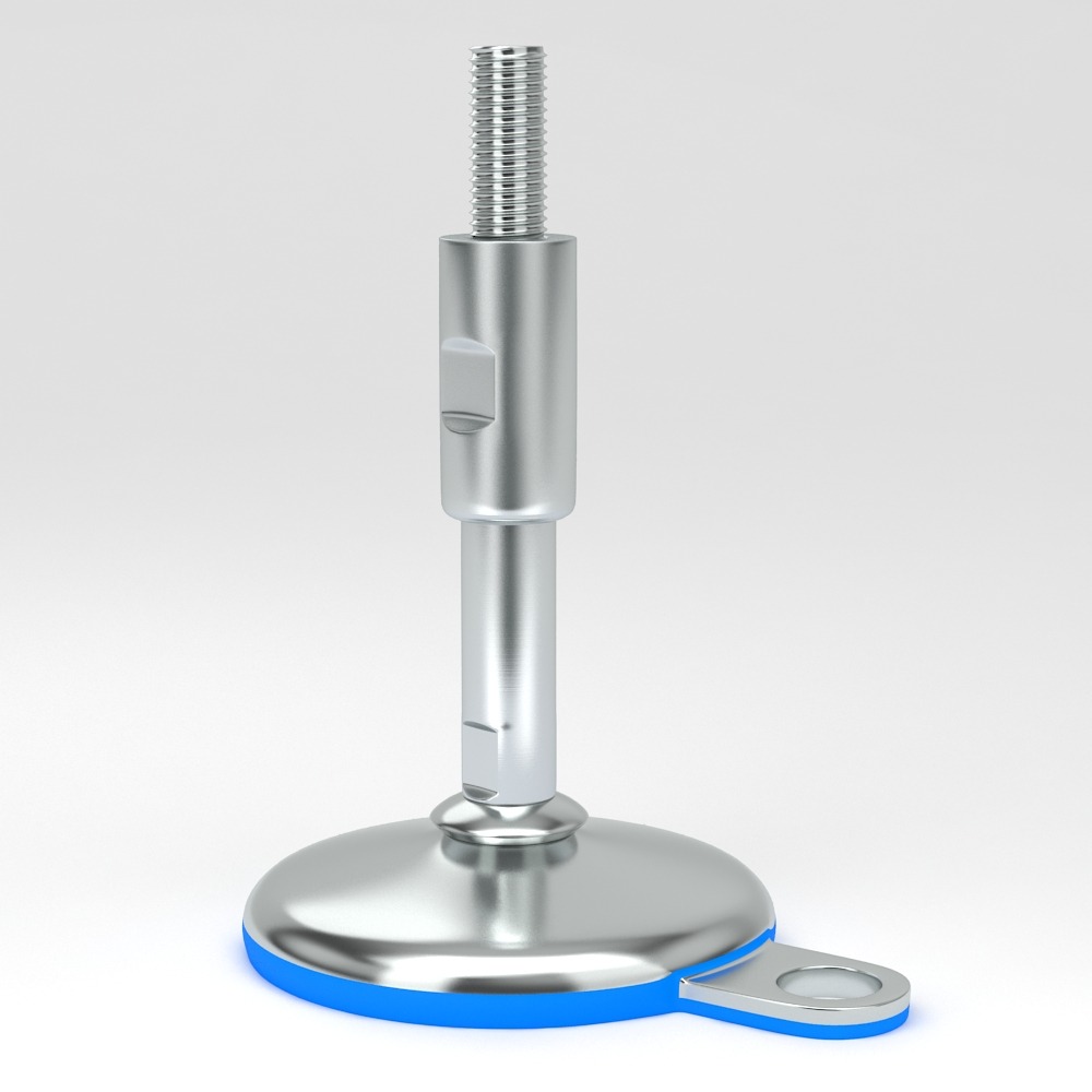 Levelling feet in hygienic design with floor lock plate and protected spindle